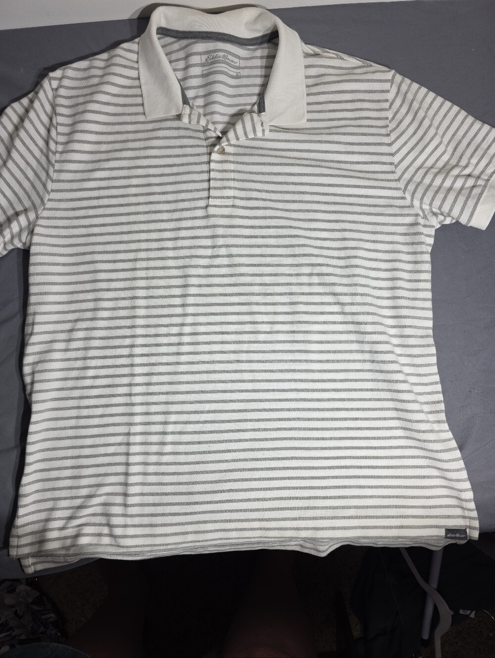 Eddie Bauer White Polo with Thin Gray Stripes